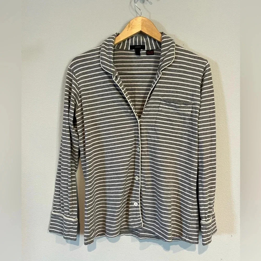 J Crew Dreamy Stripe Cotton‎ Pajama Top XSmall Gray White Button Up